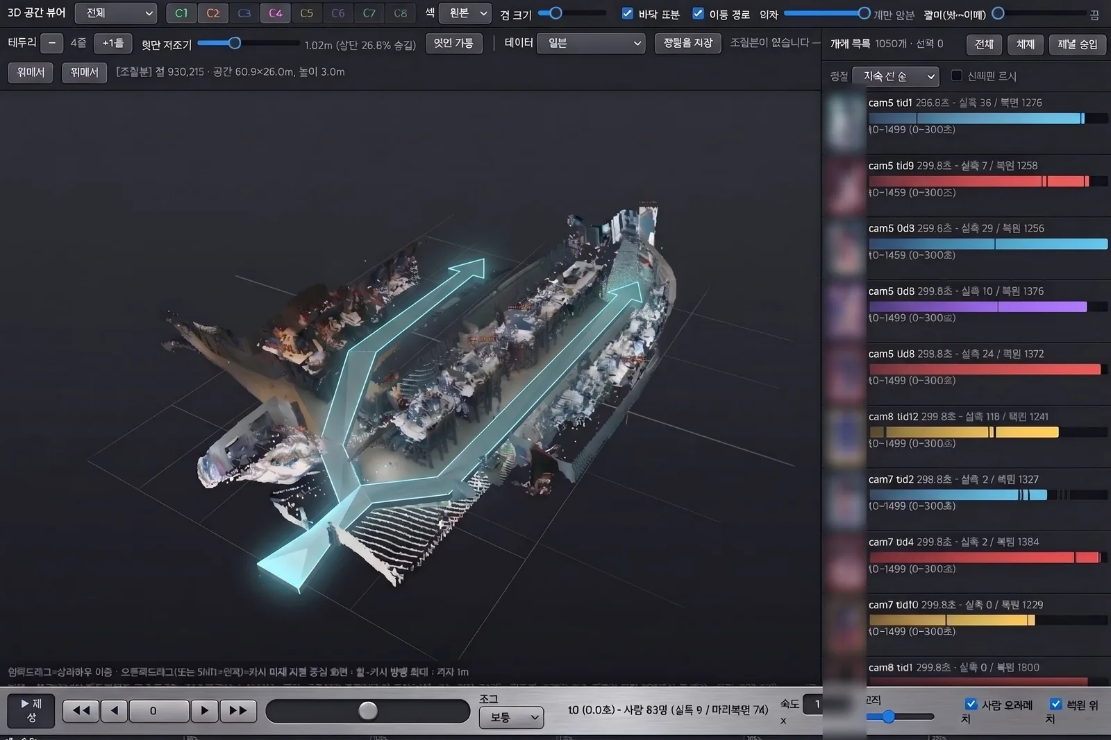 OmniPath AI 3D space viewer — multi-camera footage unified into one 3D space with movement paths and a tracked-object list